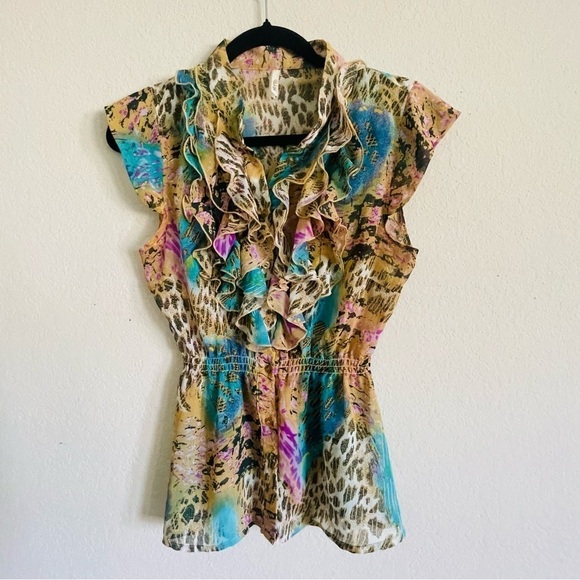 Myth nyc womans animal print blouse ruffled chest sophisticated chiffon sheer - Picture 10 of 10